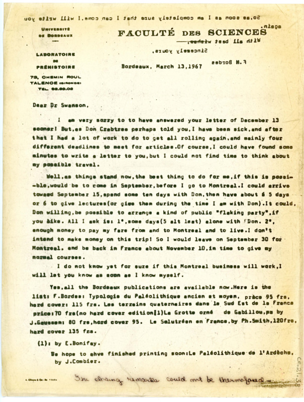 Letter from Francois Bordes to Earl Swanson regarding visiting Idaho State University to give lectures and visit Don Crabtree.