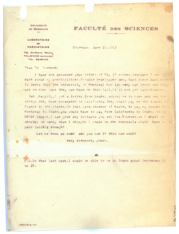 Letter from Francois Bordes to Earl Swanson regarding visiting Idaho State University and new trouble with the plan to go to Montreal.