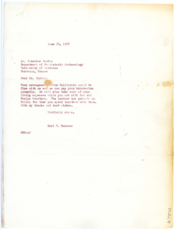 Letter from Earl Swanson to Francois Bordes regarding taking care of the expenses of Bordes coming to Idaho.