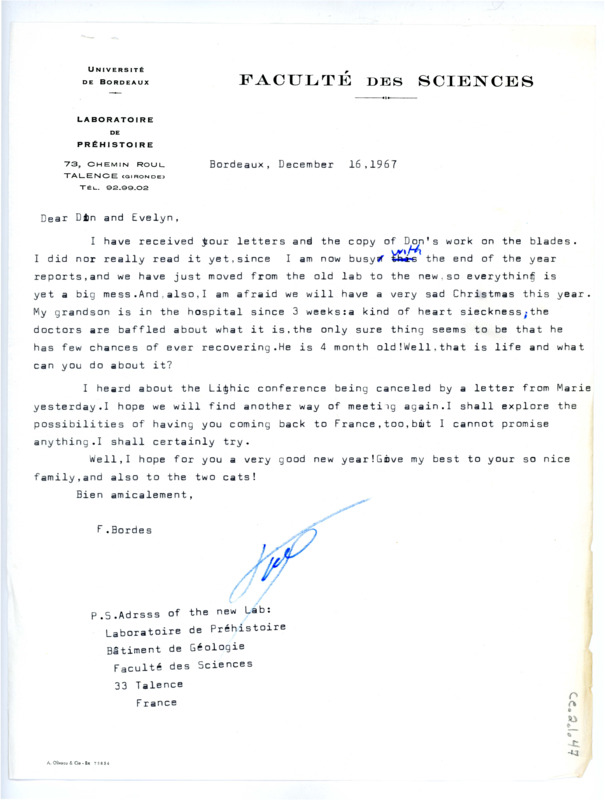 Letter from Francois Bordes to Don Crabtree regarding their collaborative work and developments in his personal life.