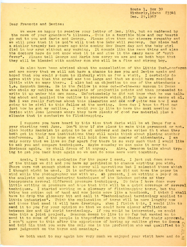 Letter from Don Crabtree to Francois Bordes and Denise Sonneville-Bordes regarding their collaborative work and the cancellation of a lithic tech conference.