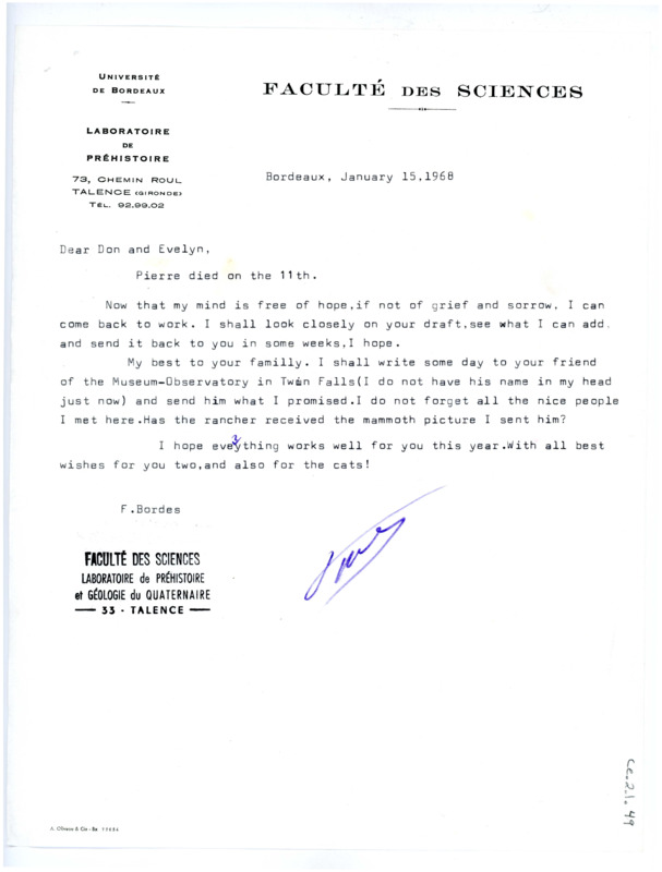 Letter from Francois Bordes to Don and Evelyn Crabtree regarding the death of his grandson.