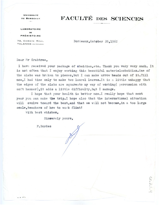 Letter from Francois Bordes to Don Crabtree thanking Crabtree for sending him a shipment of obsidian.