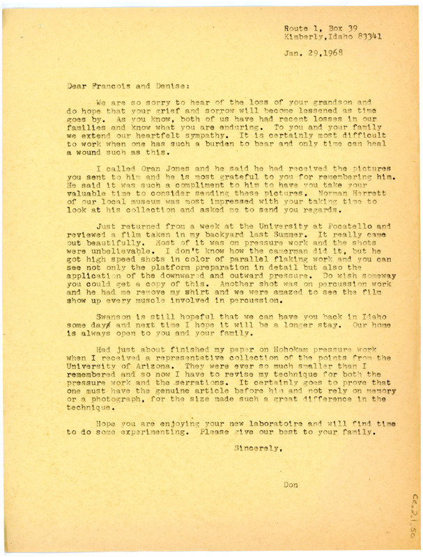 Letter from Don Crabtree to Francois Bordes and Denise Sonneville Bordes giving condolences for the loss of their grandson.