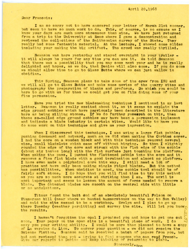 Letter from Don Crabtree to Francois Bordes regarding ISU's plans for Spring and the blade making technique described in Crabtree's last letter.