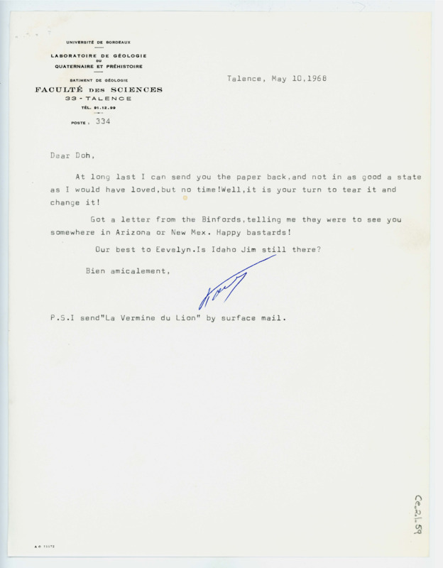 Letter from Francois Bordes to Don Crabtree returning their collaborative paper and a copy of Bordes' new novel.