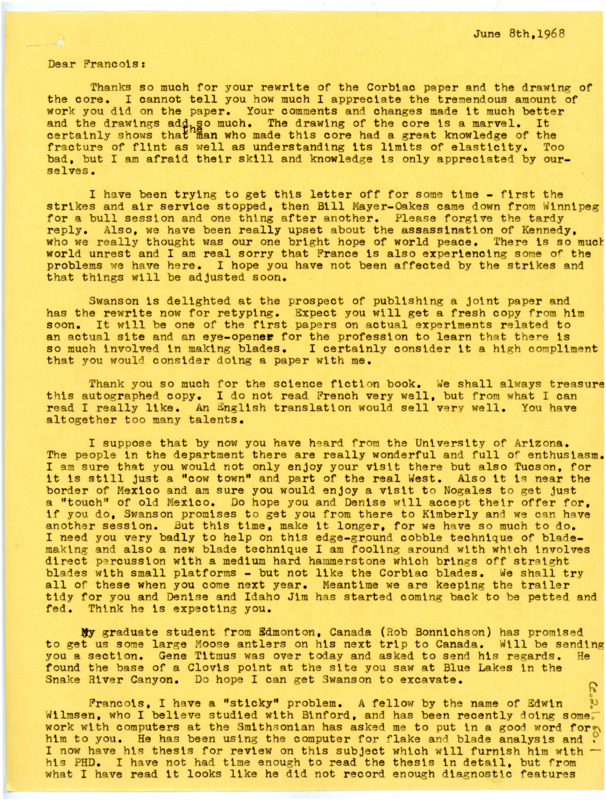 Letter from Don Crabtree to Francois Bordes regarding their collaborative work, recent troubles in America, and a student of Lewis who would like to meet with Bordes.