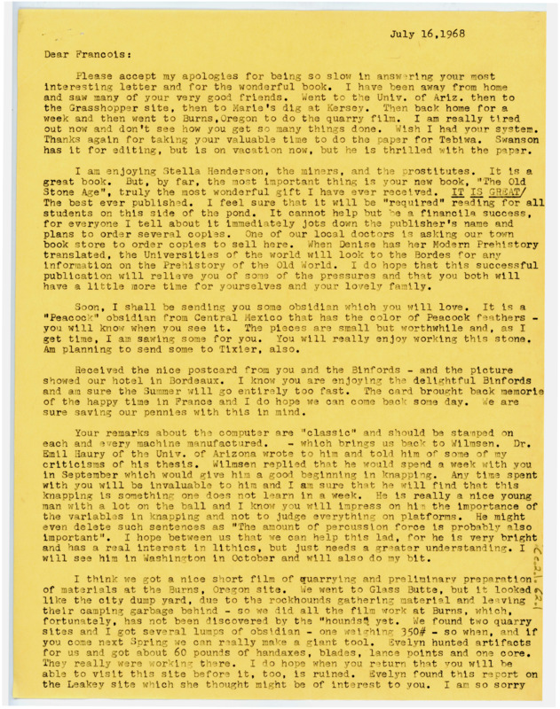 Letter from Don Crabtree to Francois Bordes regarding Bordes' two new books; "The Old Stone Age" and "La Vermine Du Lion".