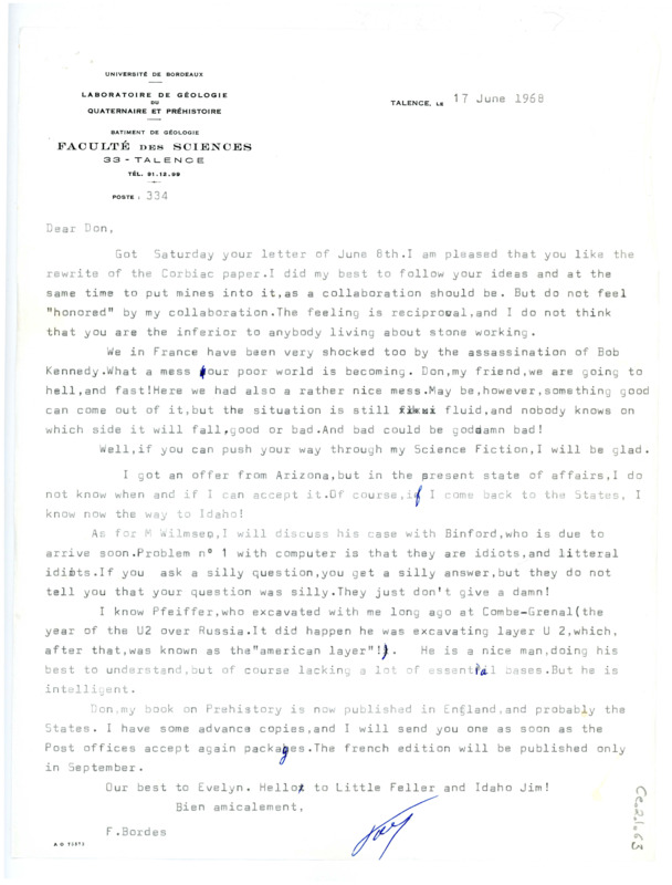 Letter from Francois Bordes to Don Crabtree regarding their collaboration and recent events.