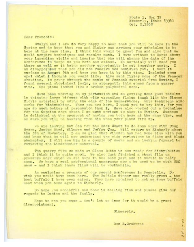 Letter from Don Crabtree to Francois Bordes regarding Bordes planned visit to America and work affairs.