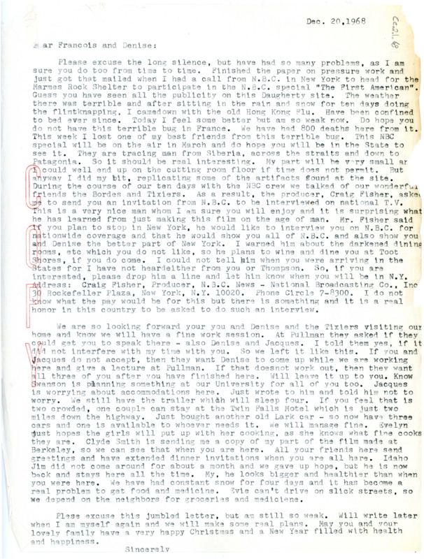 Letter from Don Crabtree to Francois Bordes and Denise Sonneville-Bordes regarding his health and an opportunity for the two of them.