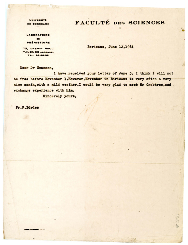 Letter from Francois Bordes to Earl Swanson regarding the logistics of meeting Don Crabtree.