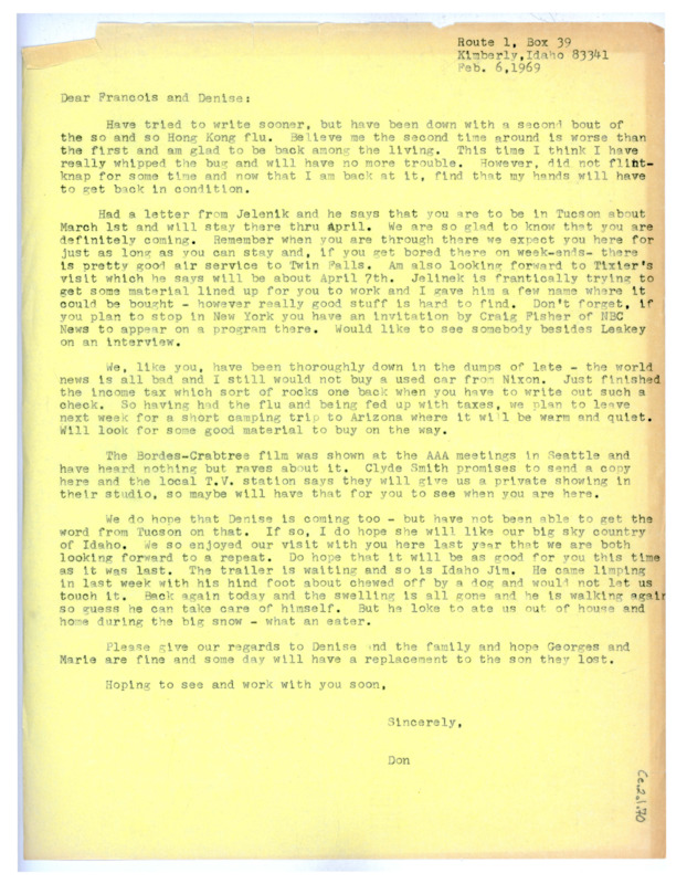 Letter from Don Crabtree to Francois Bordes and Denise Sonneville-Bordes regarding his health and their upcoming visit to Idaho.