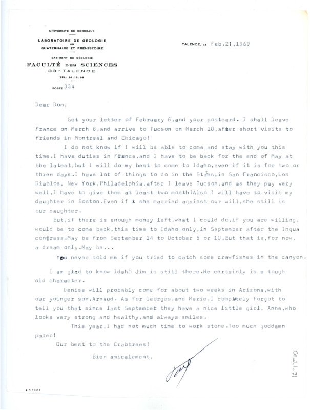 Letter from Francois Bordes to Don Crabtree regarding travelling to America in March and his plans for the trip.