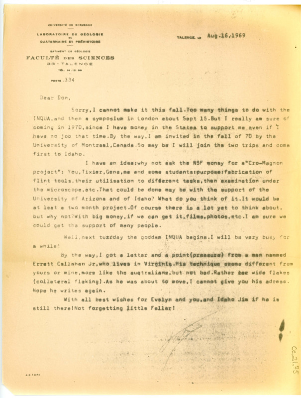 Letter from Francois Bordes to Don Crabtree regarding being unable to visit Idaho in the fall and a proposed plan for an archaeological project.