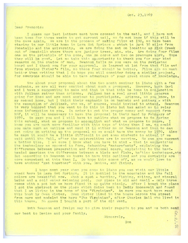 Letter from Don Crabtree to Francois Bordes regarding a potential collaborative archaeological project in Idaho.