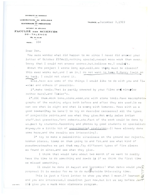 Letter from Francois Bordes to Don Crabtree regarding a potential collaborative archaeological project in Idaho and the details thereof.