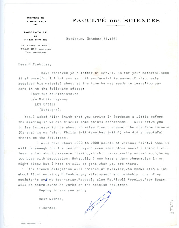 Letter from Francois Bordes to Don Crabtree regarding Crabtree travelling to meet Bordes in Bordeaux, a continuation of prior plans.