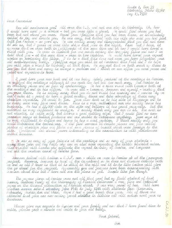 Letter from Don Crabtree to Francois Bordes regarding missing his visit to the US.