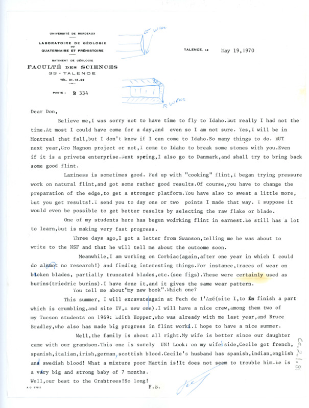 Letter from Francois Bordes to Don Crabtree regarding recent experiments in flintknapping and other work.