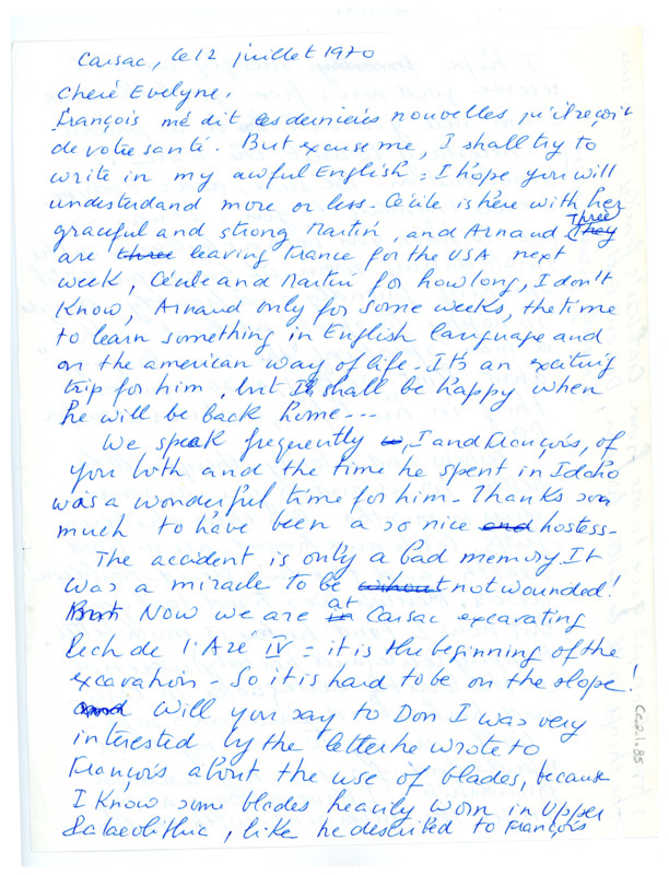 Letter from Denise Sonneville-Bordes to Evelyn Crabtree regarding the latter's health.