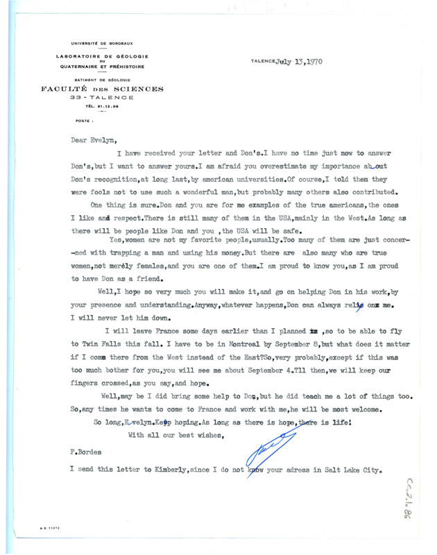 Letter from Francois Bordes to Evelyn Crabtree regarding the latter's health.