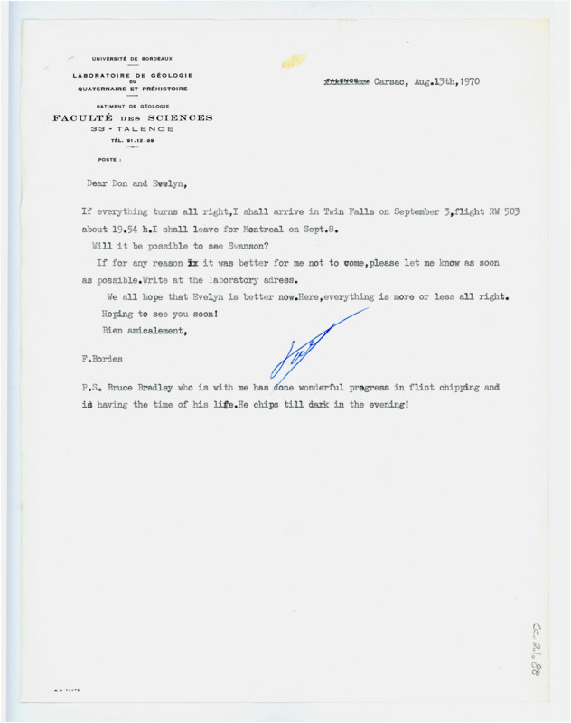 Letter from Francois Bordes to Don and Evelyn Crabtree regarding plans to visit them in September.