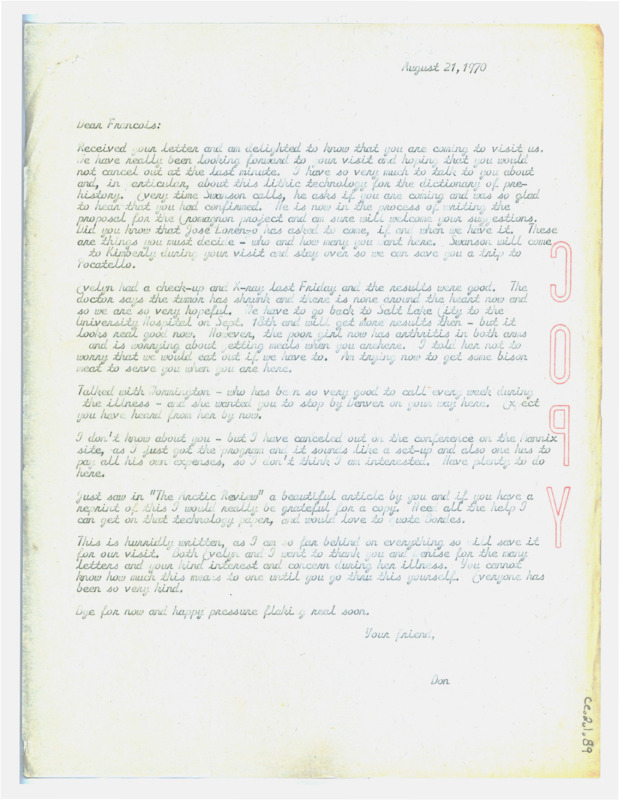 Letter from Don Crabtree to Francois Bordes regarding his plans to visit Kimberly, Idaho and updates on Evelyn Crabtree's health.