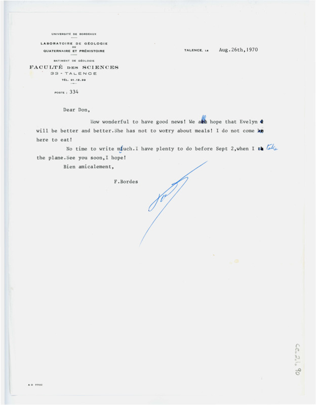 Letter from Francois Bordes to Don Crabtree wishing Evelyn the best.