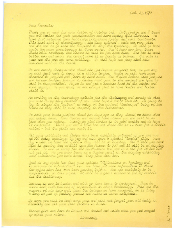 Letter from Don Crabtree to Francois Bordes regarding Evelyn Crabtree's health and work concerns.