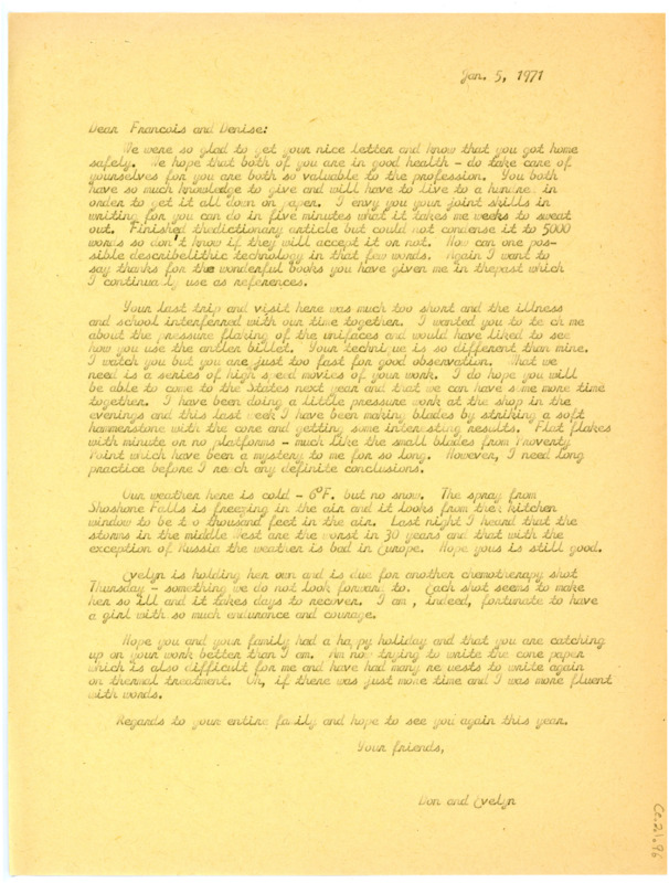 Letter from Don Crabtree to Francois Bordes and Denise Sonneville-Bordes regarding work and Evelyn Crabtree's health.