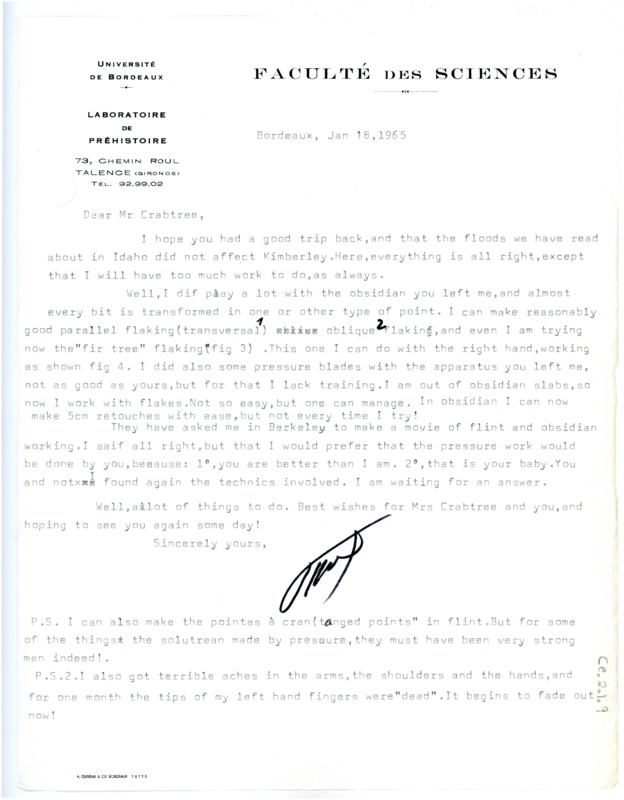 Letter from Francois Bordes to Don Crabtree regarding his trip to France with Bordes.