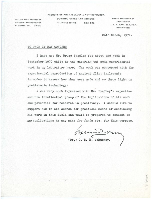 Letter of recommendation written by C.B.M. Burney regarding Bruce Bradley.