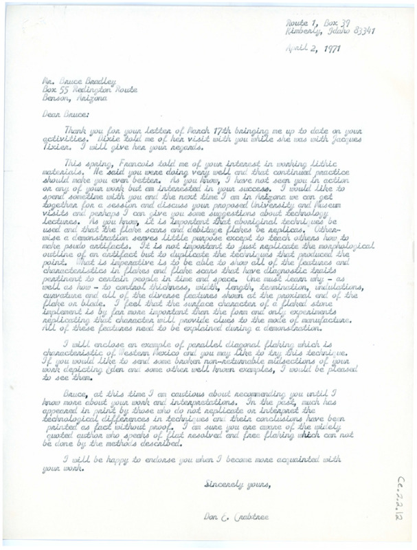 Letter from Don Crabtree to Bruce Bradley regarding writing him a letter of recommendation.