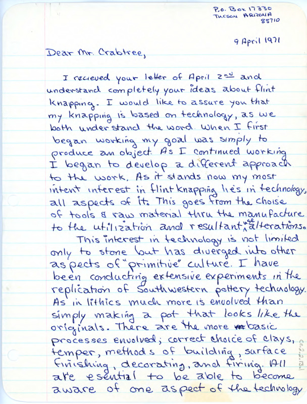 Letter from Bruce Bradley to Don Crabtree regarding his interpretation of lithic technology as a science and discipline, and describing some of the pieces he has created using different lithic technology techniques.