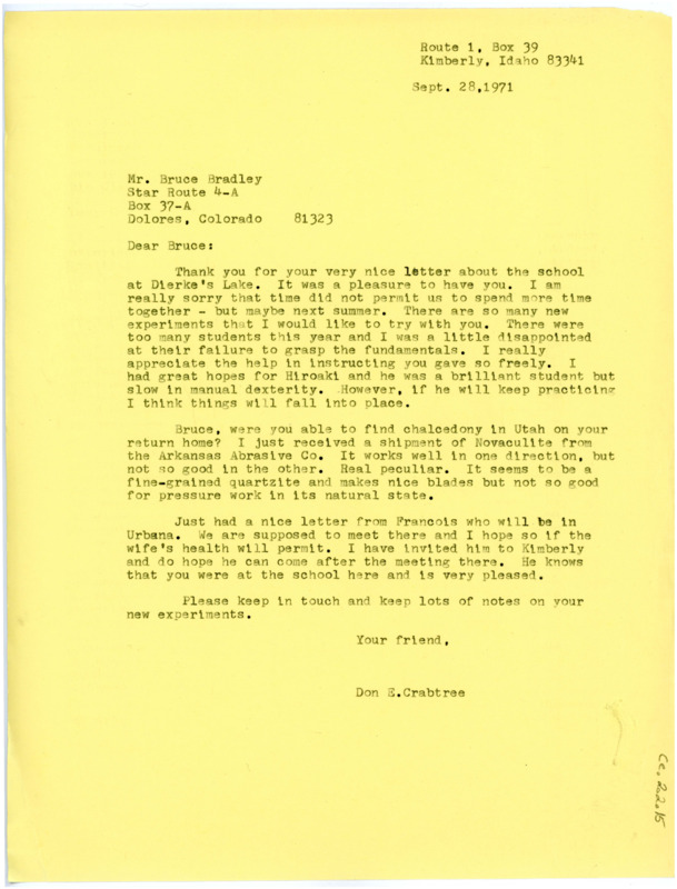 Letter from Don Crabtree to Bruce Bradley regarding their time at field school over the summer.