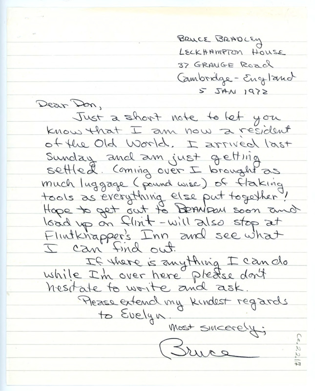 Letter from Bruce Bradley to Don Crabtree regarding "arriving at the Old World".