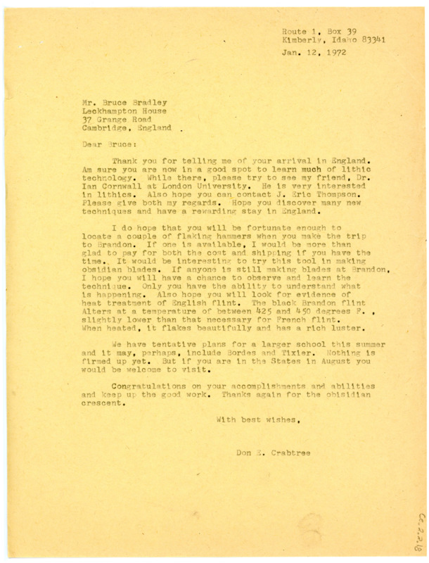 Letter from Don Crabtree to Bruce Bradley regarding the latter's arrival to England.