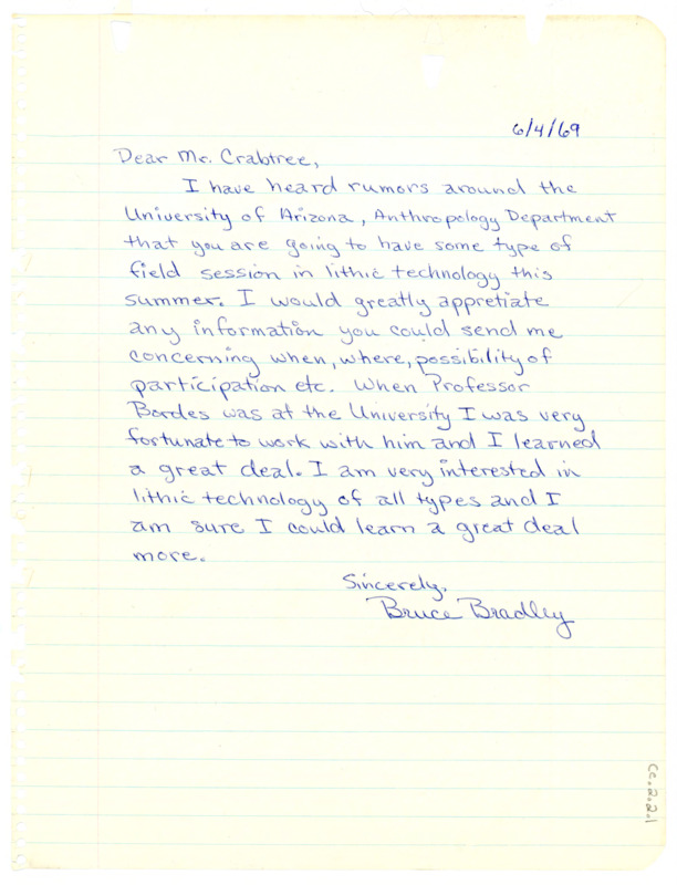 Letter from Bruce Bradley to Don Crabtree regarding a possible lithic technology field session during the summer.