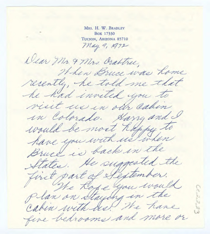 Letter from Betty Bradley to Don and Evelyn Crabtree regarding the Crabtrees visiting their cabin in Colorado.