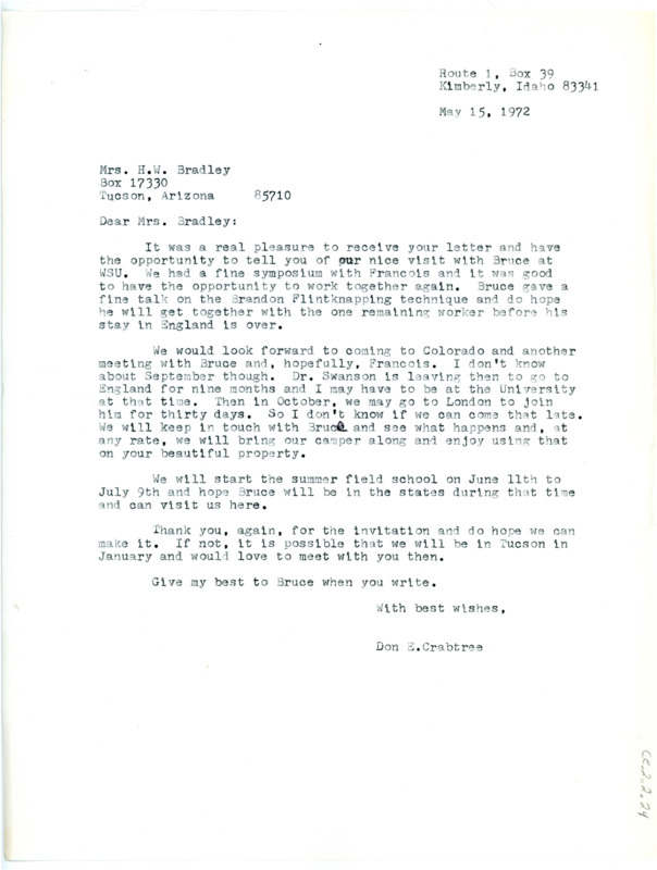 Letter from Don Crabtree to Betty Bradley regarding visiting them.