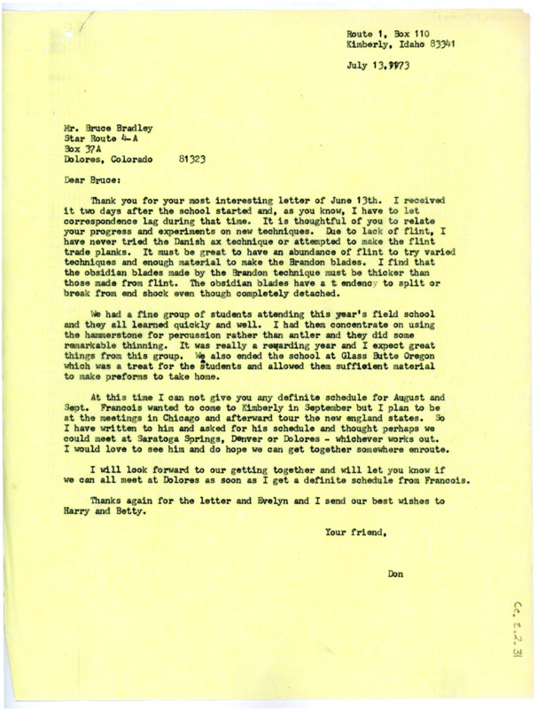 Letter from Don Crabtree to Bruce Bradley regarding field school.