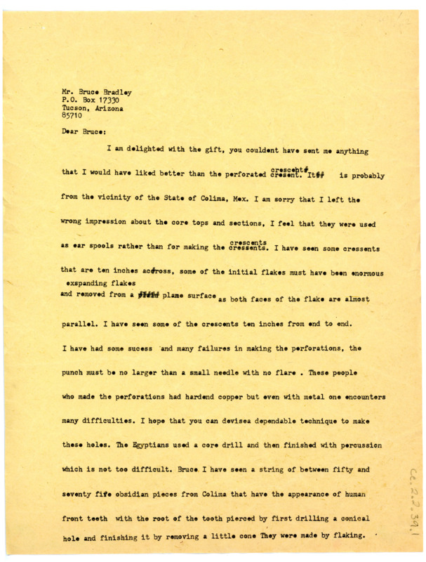 Letter from Don Crabtree to Bruce Bradley regarding Bradley's gift to him and knapping techniques.