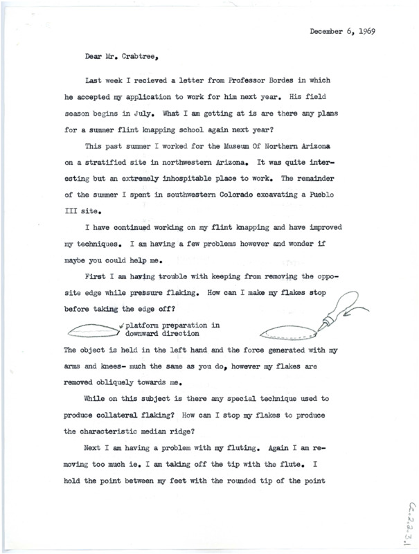 Letter from Bruce Bradley to Don Crabtree regarding working with Bordes and flintknapping techniques.