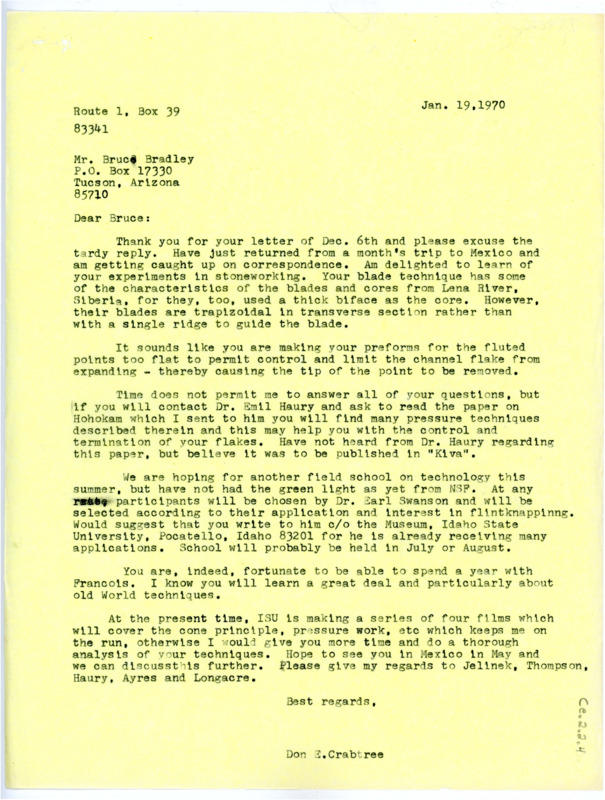 Letter from Don Crabtree to Bruce Bradley regarding the latter's experiments in flintknapping and a future field school.