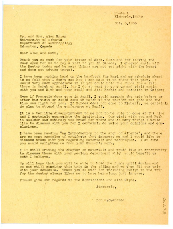 Letter from Don Crabtree to Alan Bryan and Ruth Gruhn regarding his work on the handbook he is collaborating on with Earl Swanson and a few others.