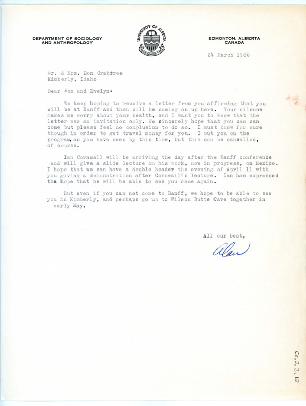 Letter from Alan Bryan to Don and Evelyn Crabtree regarding the conference in Banff.