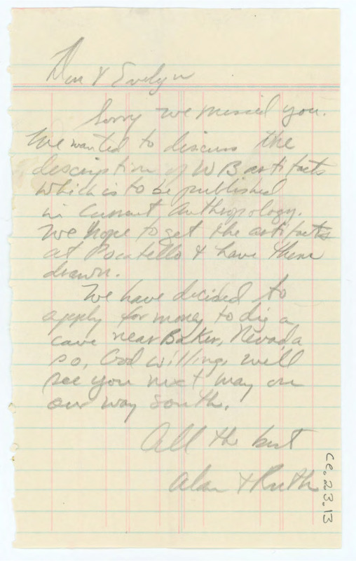 Letter from Alan Bryan and Ruth Gruhn to Don and Evelyn Crabtree apologizing for missing them.