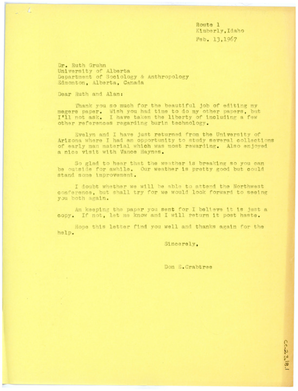 Letter from Don Crabtree to Ruth and Alan Bryan regarding the editing of his recent paper, "A Technological Description of Artifacts in Assemblage I, Wilson Butte Cave, Idaho"; contains a list of references regarding burin technology compiled by Don Crabtree.