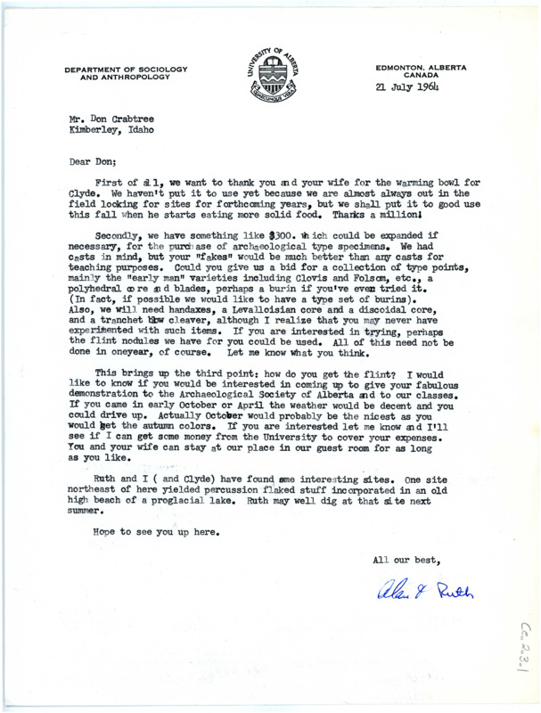 Letter from Alan Bryan and Ruth Gruhn thanking Don and Evelyn Crabtree for their gift.